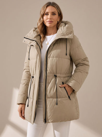 Cozy Quilted Puffer Jacket for Women with Hooded Collar Long Sleeve Drawstring Zip Winter Style