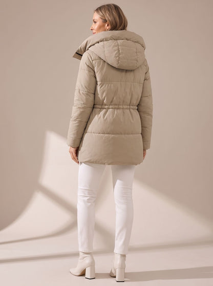 Cozy Quilted Puffer Jacket for Women with Hooded Collar Long Sleeve Drawstring Zip Winter Style