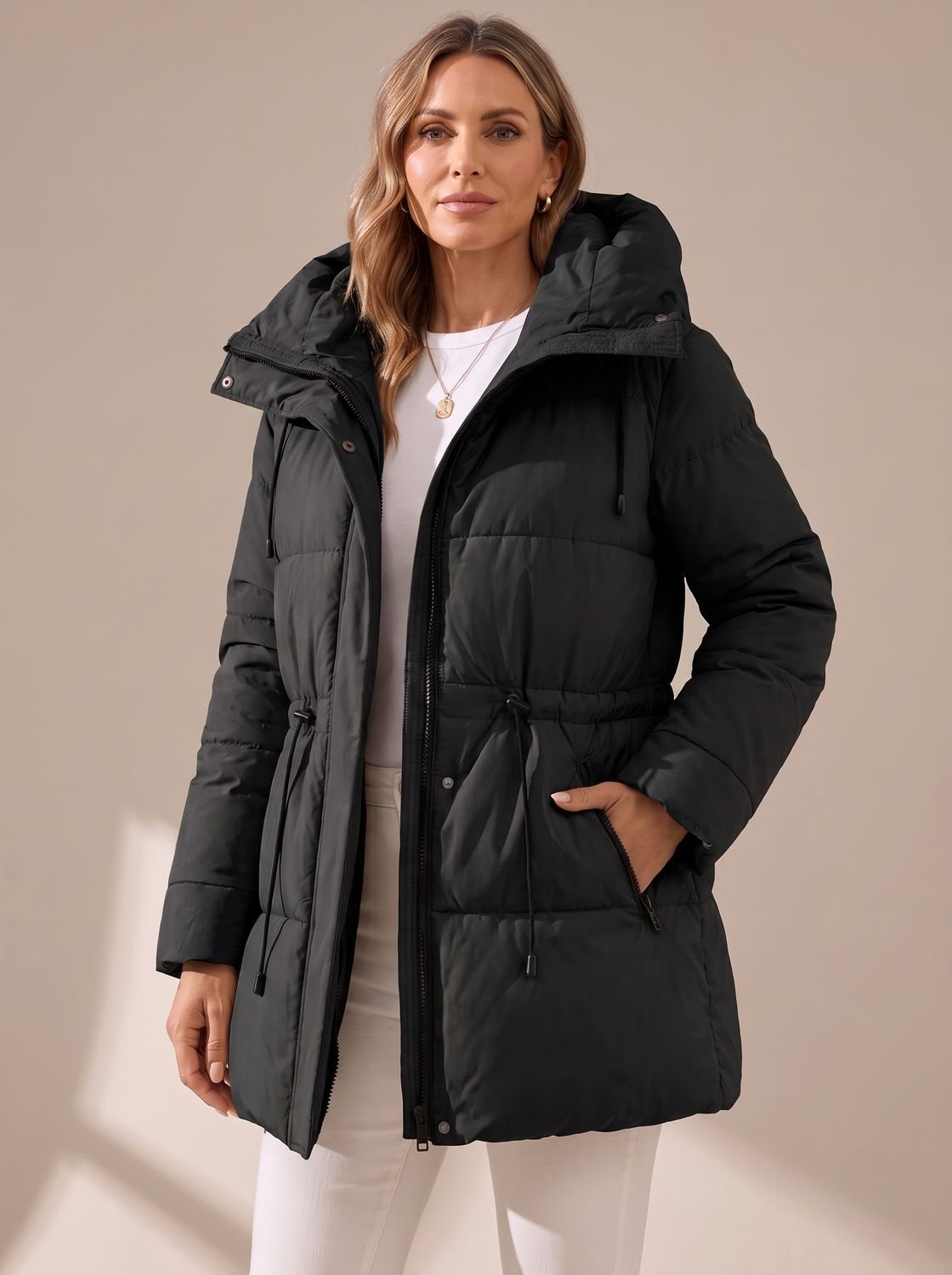 Cozy Quilted Puffer Jacket for Women with Hooded Collar Long Sleeve Drawstring Zip Winter Style