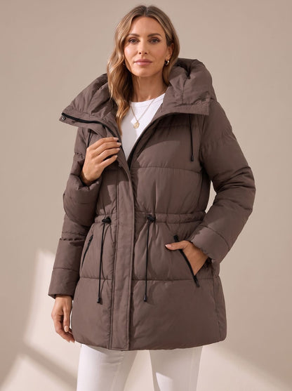 Cozy Quilted Puffer Jacket for Women with Hooded Collar Long Sleeve Drawstring Zip Winter Style