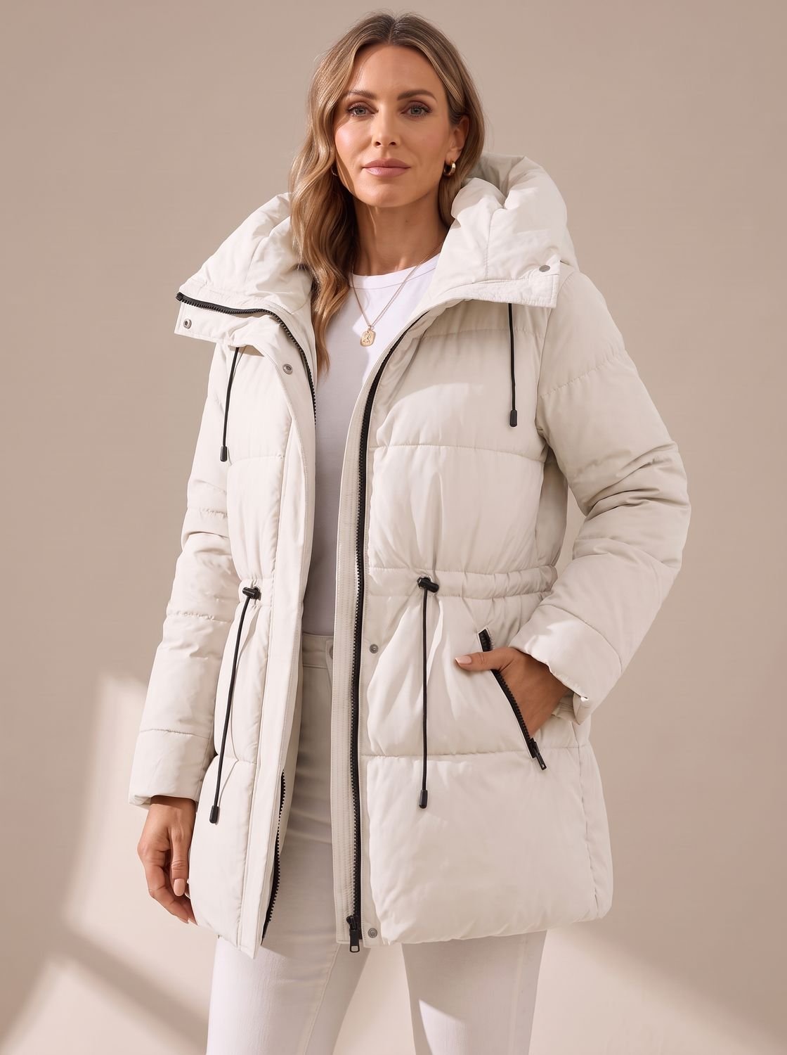Cozy Quilted Puffer Jacket for Women with Hooded Collar Long Sleeve Drawstring Zip Winter Style