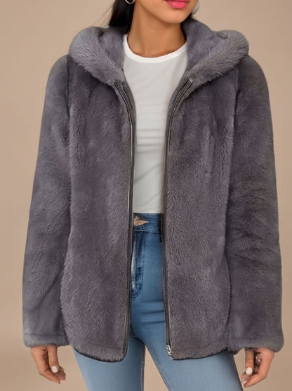 Cozy Hooded Faux Fur Jacket for Women with Zip-Up Long Sleeve Plush Teddy Oversized Style