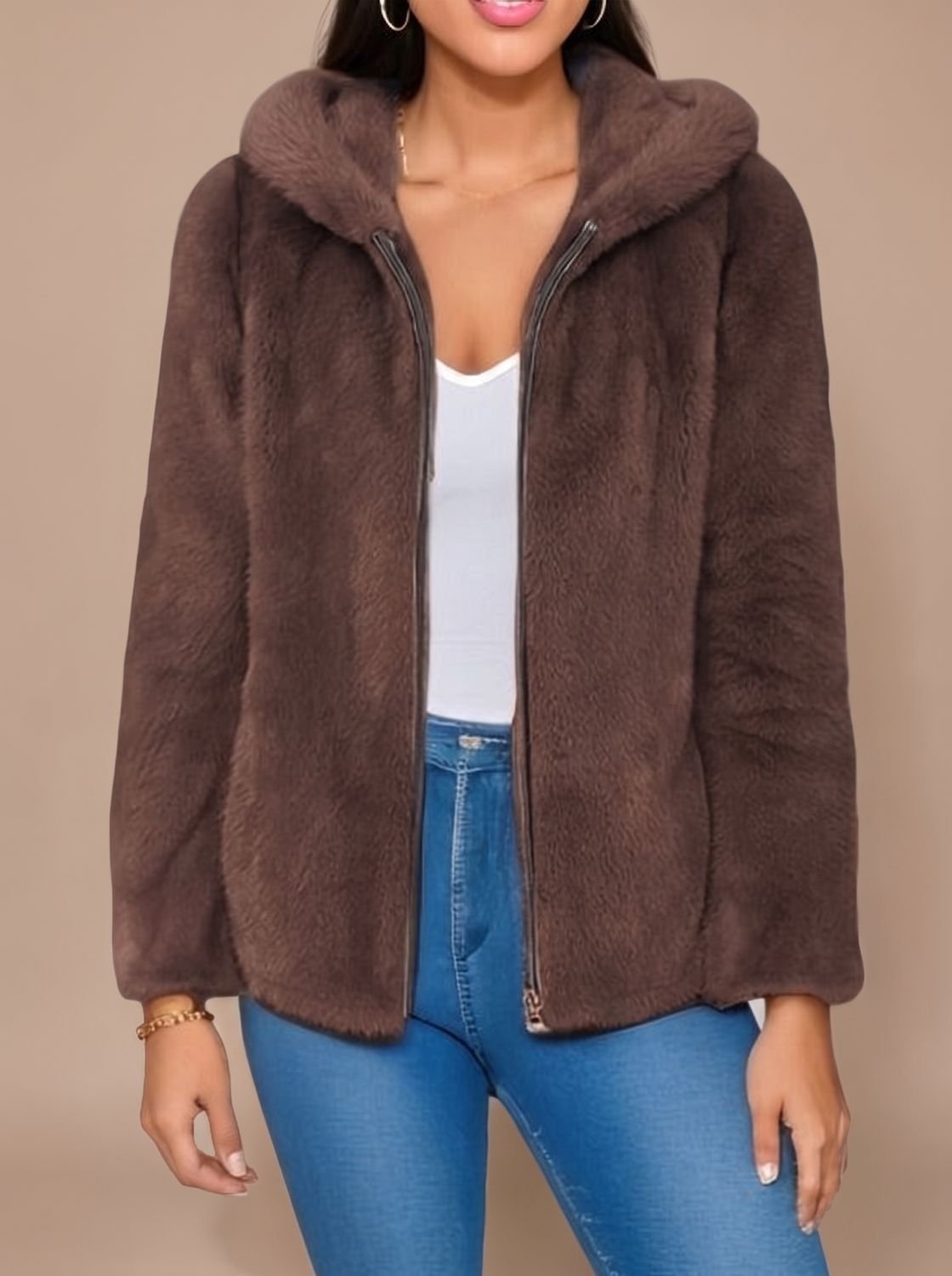 Cozy Hooded Faux Fur Jacket for Women with Zip-Up Long Sleeve Plush Teddy Oversized Style