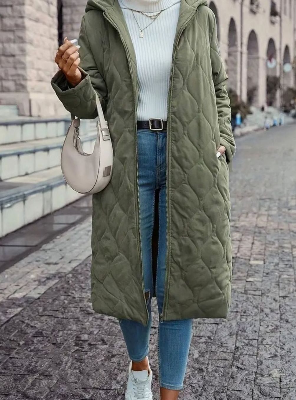 Cozy Green Quilted Coat for Women with Hooded Collar Long Sleeve Button Front Longline Winter Style