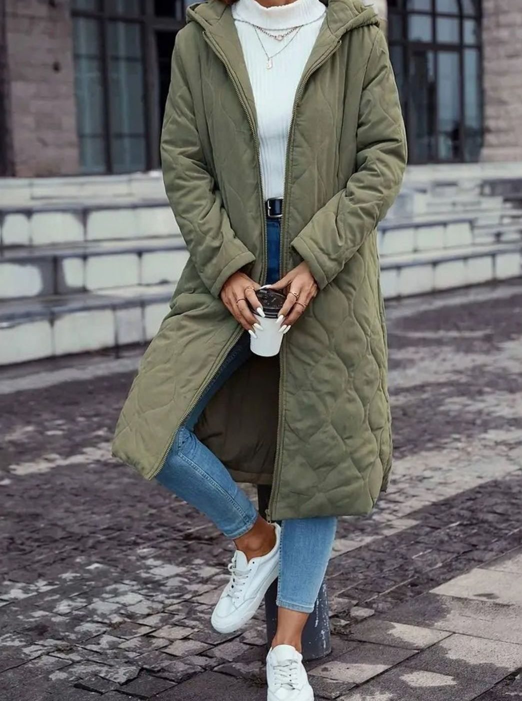 Cozy Green Quilted Coat for Women with Hooded Collar Long Sleeve Button Front Longline Winter Style