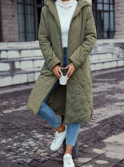 Cozy Green Quilted Coat for Women with Hooded Collar Long Sleeve Button Front Longline Winter Style