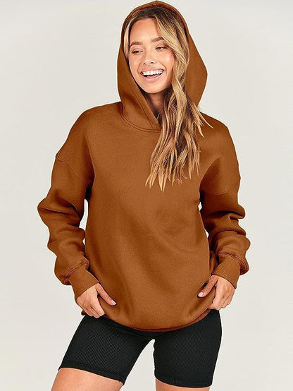 Comfortable Brown Oversized Hoodie for Women with Kangaroo Pocket Long Sleeve Relaxed Drawstring Style