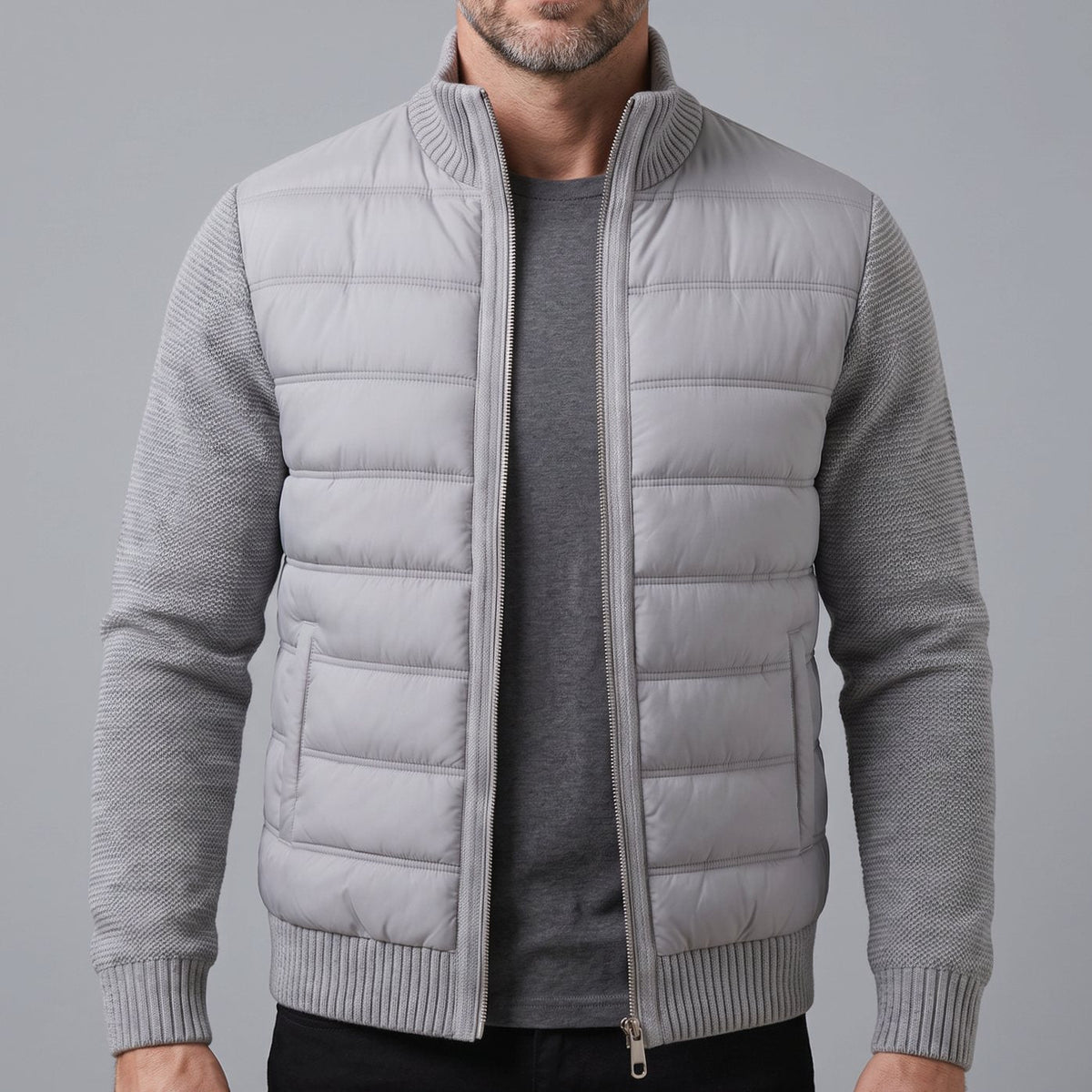 Cozy Hybrid Quilted Jacket for Men with Stand Collar Long Sleeve Knit Sleeve Full-Zip Winter Style