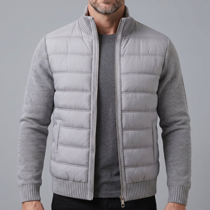 Cozy Hybrid Quilted Jacket for Men with Stand Collar Long Sleeve Knit Sleeve Full-Zip Winter Style
