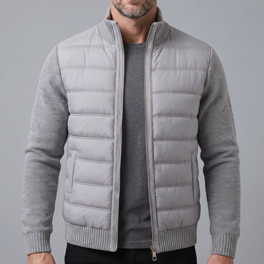 Cozy Hybrid Quilted Jacket for Men with Stand Collar Long Sleeve Knit Sleeve Full-Zip Winter Style