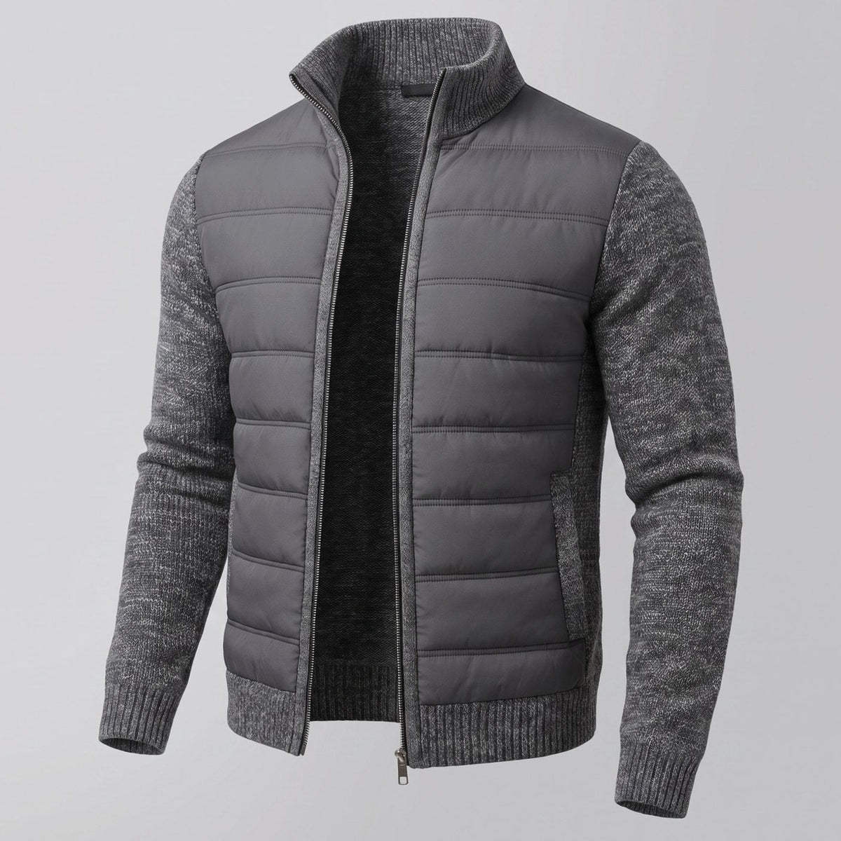 Cozy Hybrid Quilted Jacket for Men with Stand Collar Long Sleeve Knit Sleeve Full-Zip Winter Style