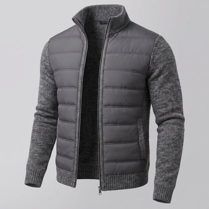 Cozy Hybrid Quilted Jacket for Men with Stand Collar Long Sleeve Knit Sleeve Full-Zip Winter Style