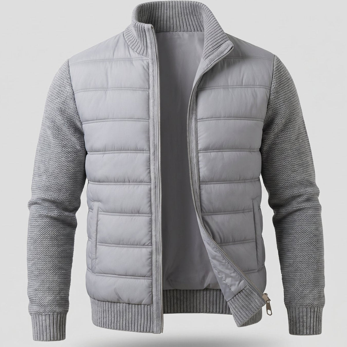Cozy Hybrid Quilted Jacket for Men with Stand Collar Long Sleeve Knit Sleeve Full-Zip Winter Style