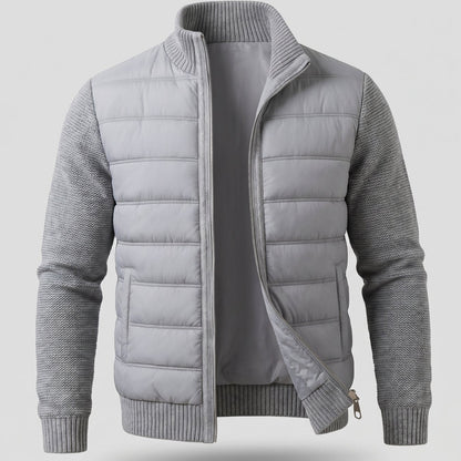 Cozy Hybrid Quilted Jacket for Men with Stand Collar Long Sleeve Knit Sleeve Full-Zip Winter Style