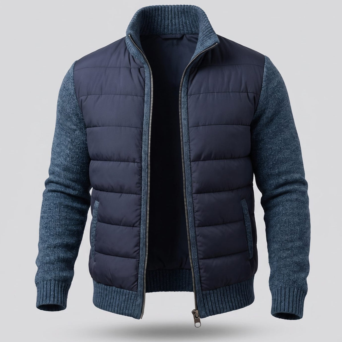 Cozy Hybrid Quilted Jacket for Men with Stand Collar Long Sleeve Knit Sleeve Full-Zip Winter Style