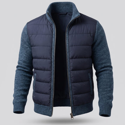 Cozy Hybrid Quilted Jacket for Men with Stand Collar Long Sleeve Knit Sleeve Full-Zip Winter Style