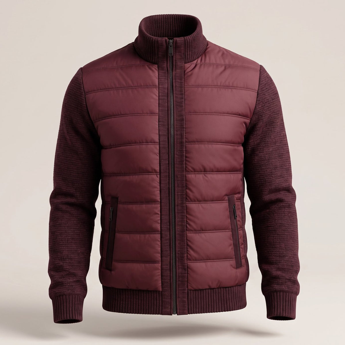 Cozy Hybrid Quilted Jacket for Men with Stand Collar Long Sleeve Knit Sleeve Full-Zip Winter Style