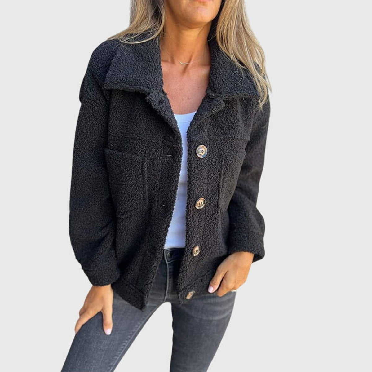 Cozy Teddy Fleece Shacket for Women with Spread Collar Long Sleeve Button Front Relaxed Style