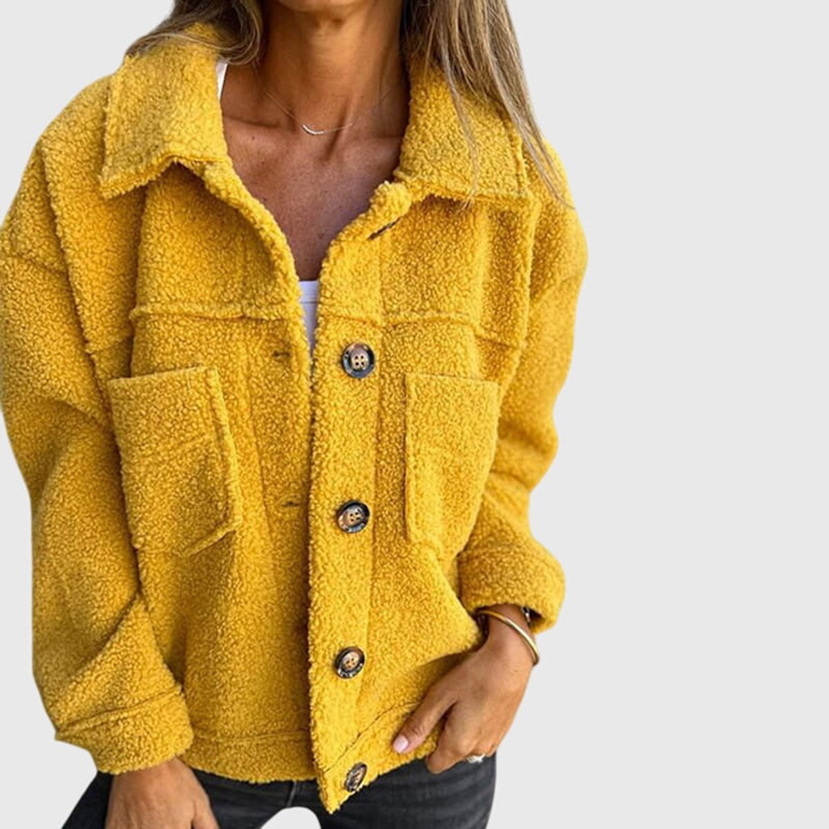 Cozy Teddy Fleece Shacket for Women with Spread Collar Long Sleeve Button Front Relaxed Style