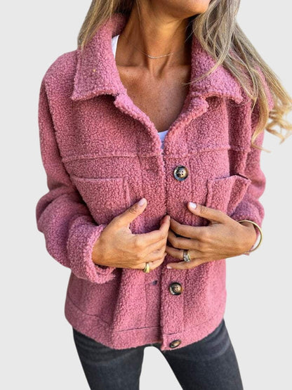 Cozy Teddy Fleece Shacket for Women with Spread Collar Long Sleeve Button Front Relaxed Style