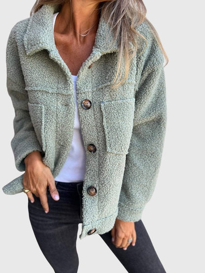 Cozy Teddy Fleece Shacket for Women with Spread Collar Long Sleeve Button Front Relaxed Style