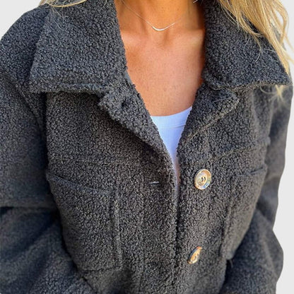 Cozy Teddy Fleece Shacket for Women with Spread Collar Long Sleeve Button Front Relaxed Style