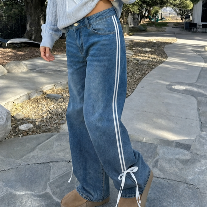 Effortless Blue Wide Leg Jeans for Women with High Waist Side Stripe Tie Ankle Relaxed Style