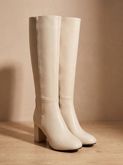 Chic Faux Leather Knee High Boots for Women with Block Heel Side-Zip Round-Toe Tailored Style