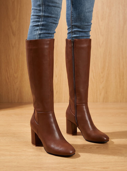 Chic Faux Leather Knee High Boots for Women with Block Heel Side-Zip Round-Toe Tailored Style