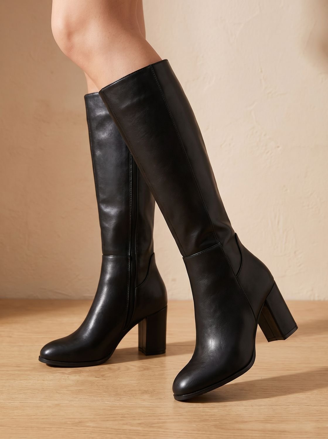 Chic Faux Leather Knee High Boots for Women with Block Heel Side-Zip Round-Toe Tailored Style