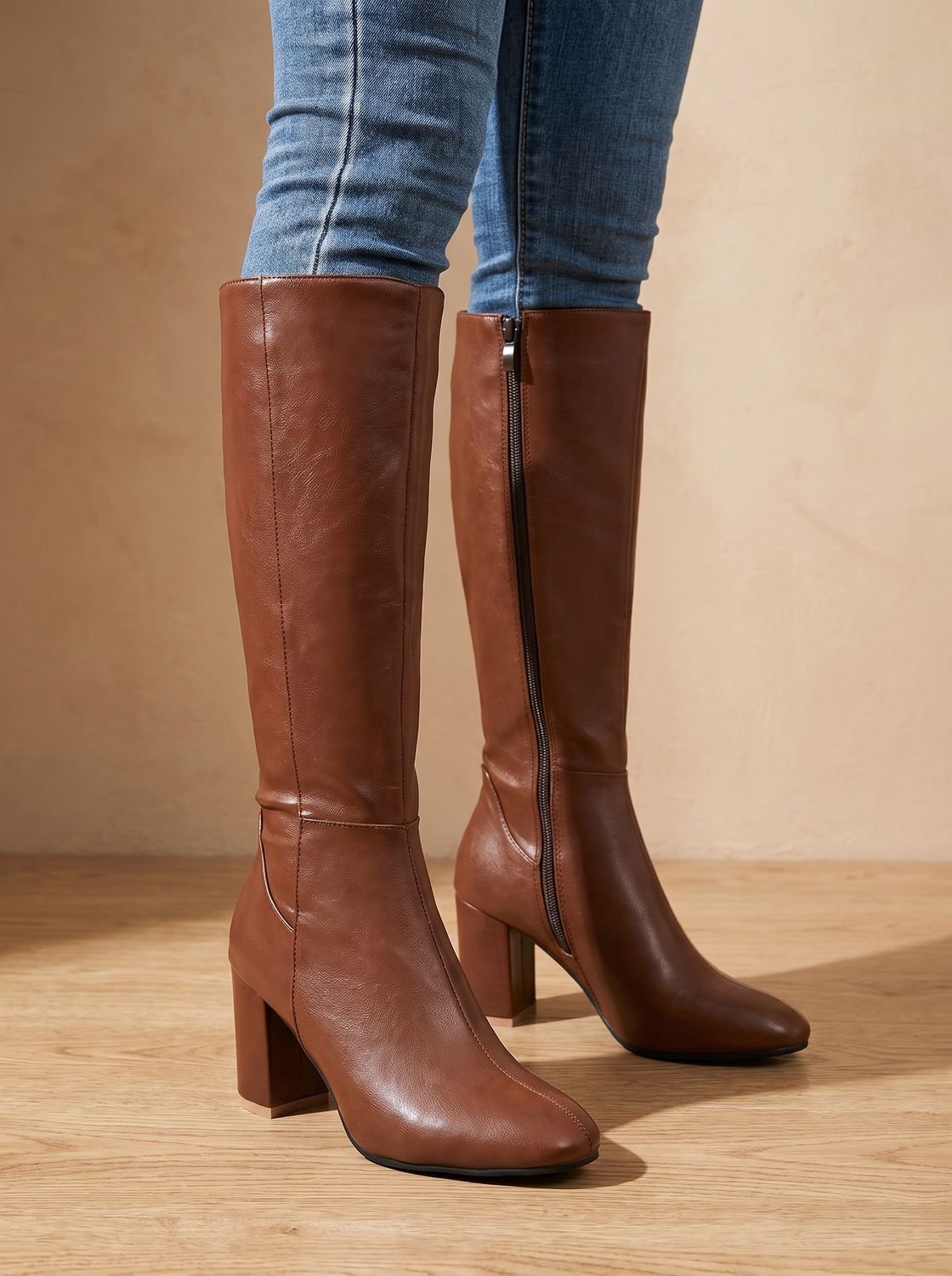 Chic Faux Leather Knee High Boots for Women with Block Heel Side-Zip Round-Toe Tailored Style
