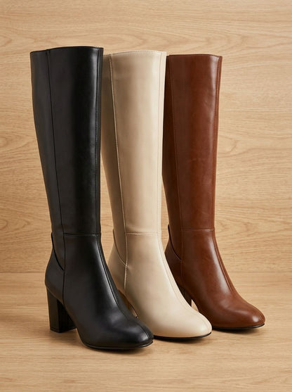 Chic Faux Leather Knee High Boots for Women with Block Heel Side-Zip Round-Toe Tailored Style
