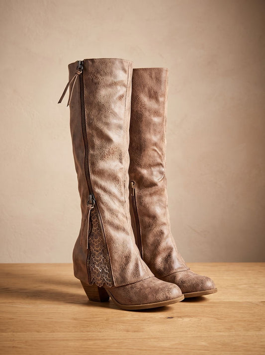 Chic Faux Leather Knee High Boots for Women with Lace Detail Side-Zip Block Heel Round-Toe Style