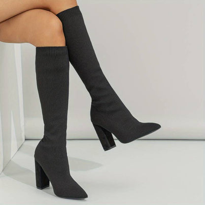 Sleek Knit Knee High Boots for Women with Pointed Toe Block Heel Ribbed Shaft Style