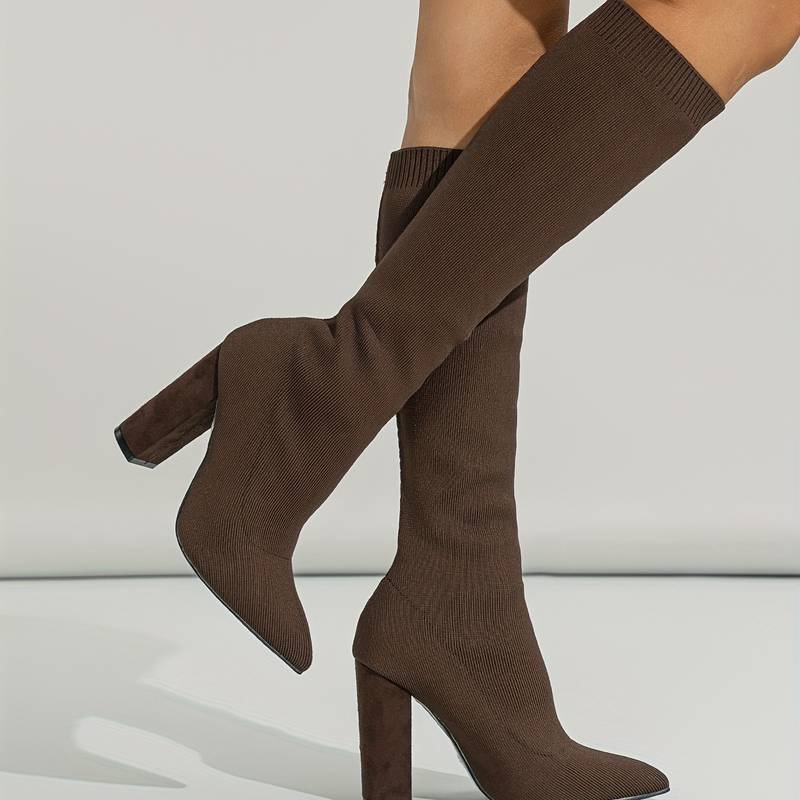Sleek Knit Knee High Boots for Women with Pointed Toe Block Heel Ribbed Shaft Style
