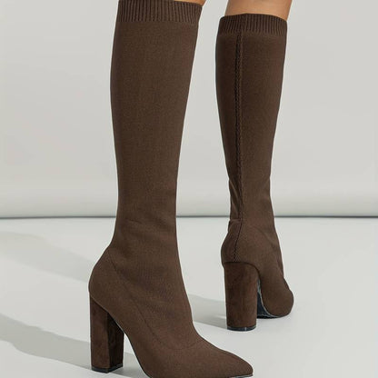 Sleek Knit Knee High Boots for Women with Pointed Toe Block Heel Ribbed Shaft Style