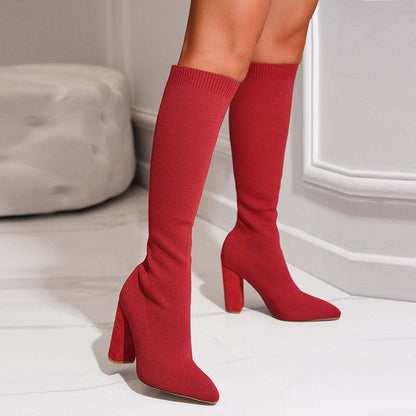 Sleek Knit Knee High Boots for Women with Pointed Toe Block Heel Ribbed Shaft Style