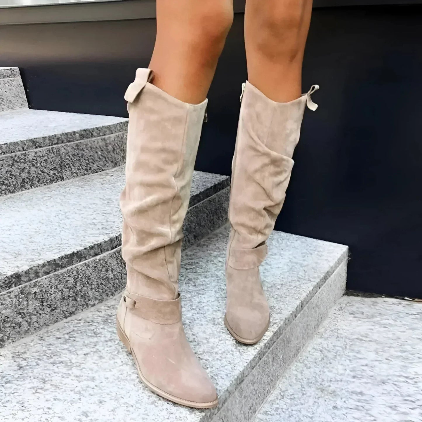 Chic Suede Knee High Boots for Women with Pointed Toe Slouch Buckle Strap Block Heel Style