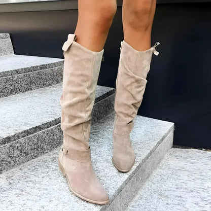 Chic Suede Knee High Boots for Women with Pointed Toe Slouch Buckle Strap Block Heel Style