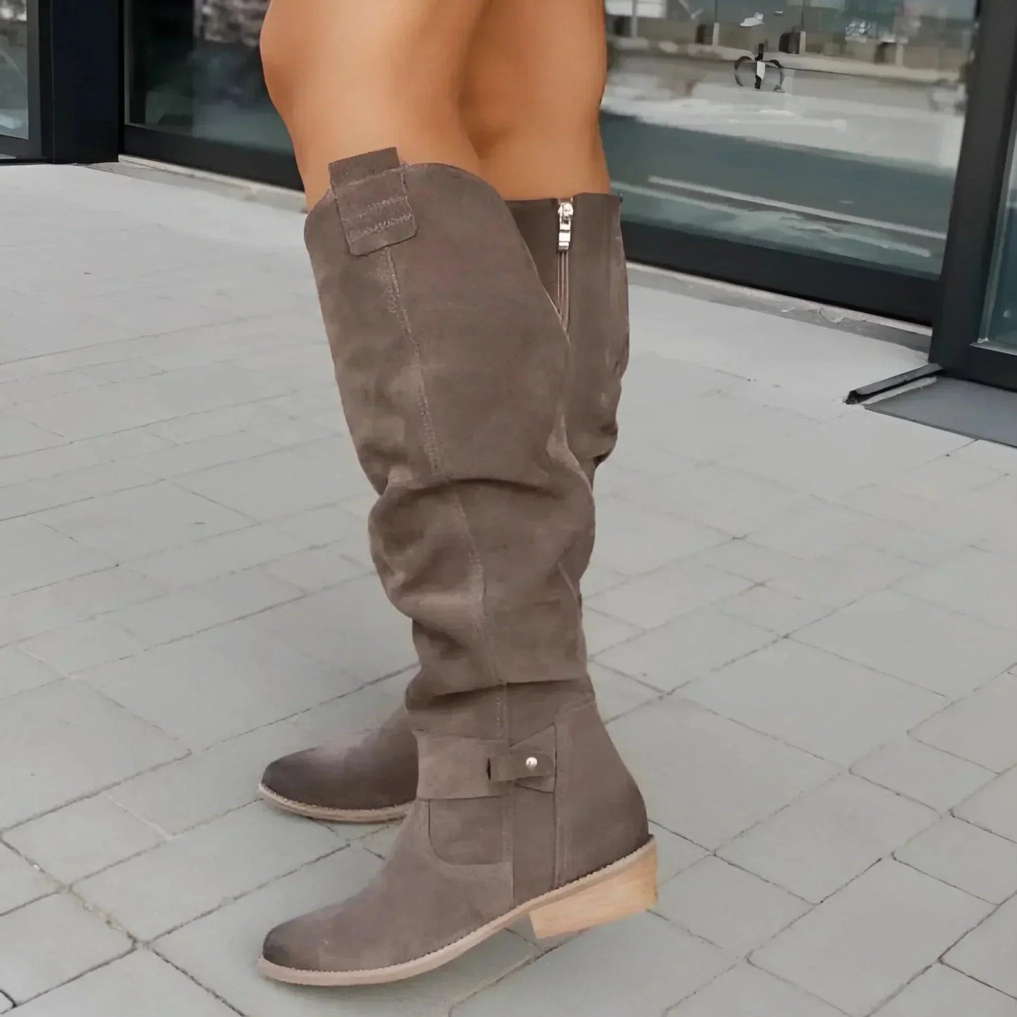 Chic Suede Knee High Boots for Women with Pointed Toe Slouch Buckle Strap Block Heel Style
