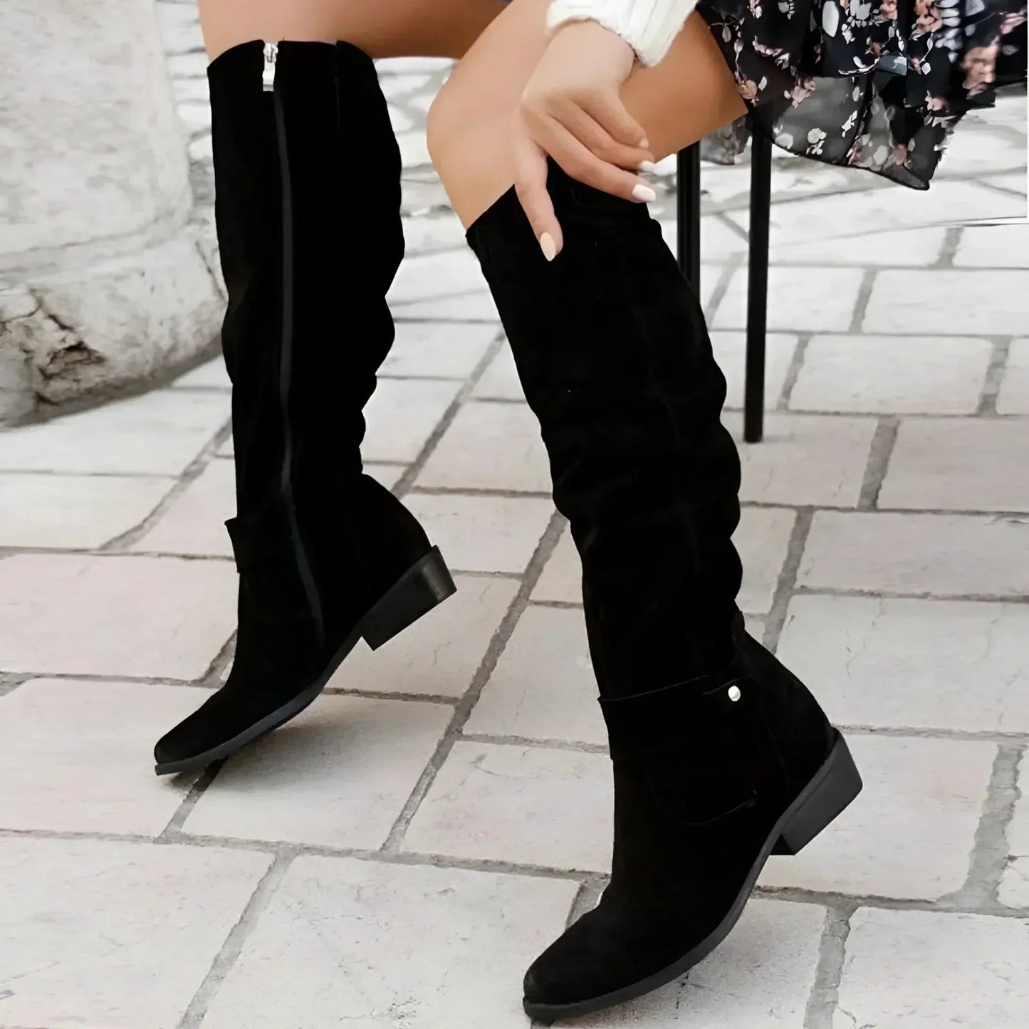 Chic Suede Knee High Boots for Women with Pointed Toe Slouch Buckle Strap Block Heel Style