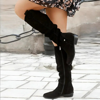 Chic Suede Knee High Boots for Women with Pointed Toe Slouch Buckle Strap Block Heel Style