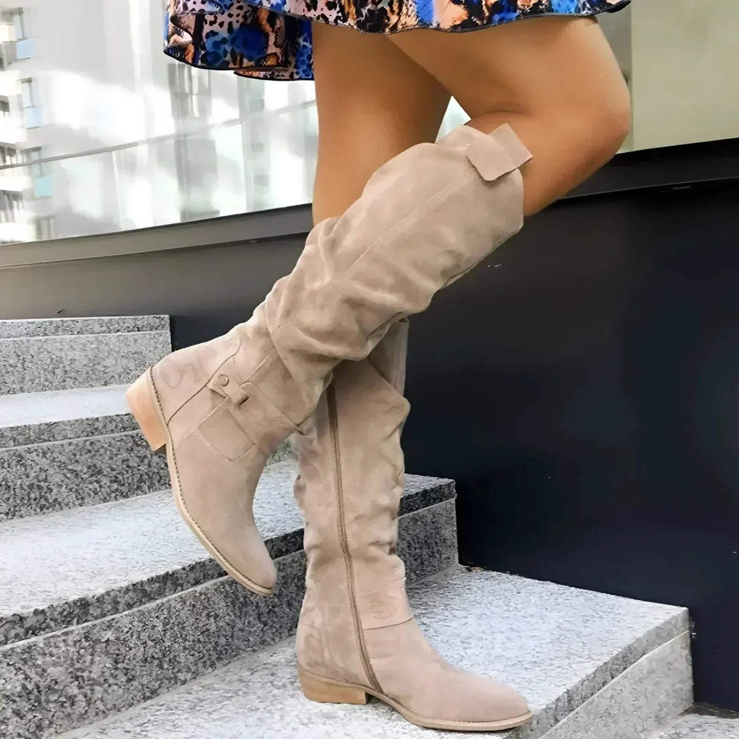 Chic Suede Knee High Boots for Women with Pointed Toe Slouch Buckle Strap Block Heel Style