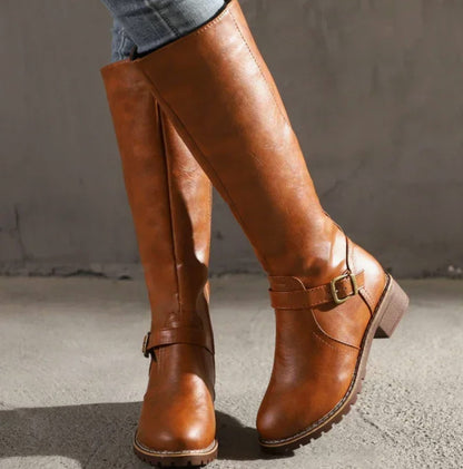 Elegant Brown Boots for Women with Knee High Buckle Strap Side Zip Riding Style