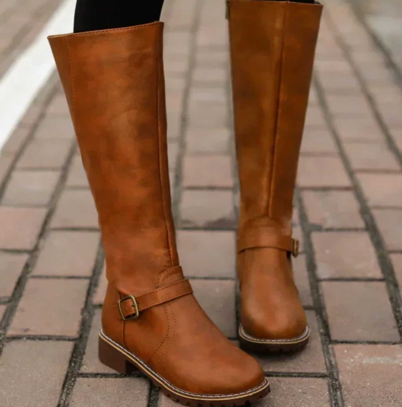 Elegant Brown Boots for Women with Knee High Buckle Strap Side Zip Riding Style