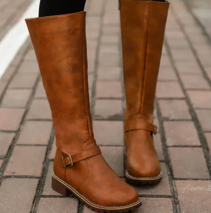 Elegant Brown Boots for Women with Knee High Buckle Strap Side Zip Riding Style