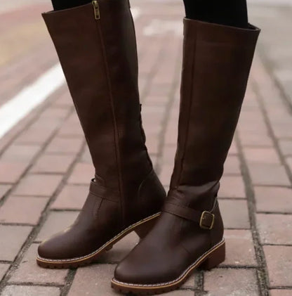 Elegant Brown Boots for Women with Knee High Buckle Strap Side Zip Riding Style