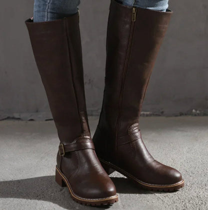 Elegant Brown Boots for Women with Knee High Buckle Strap Side Zip Riding Style