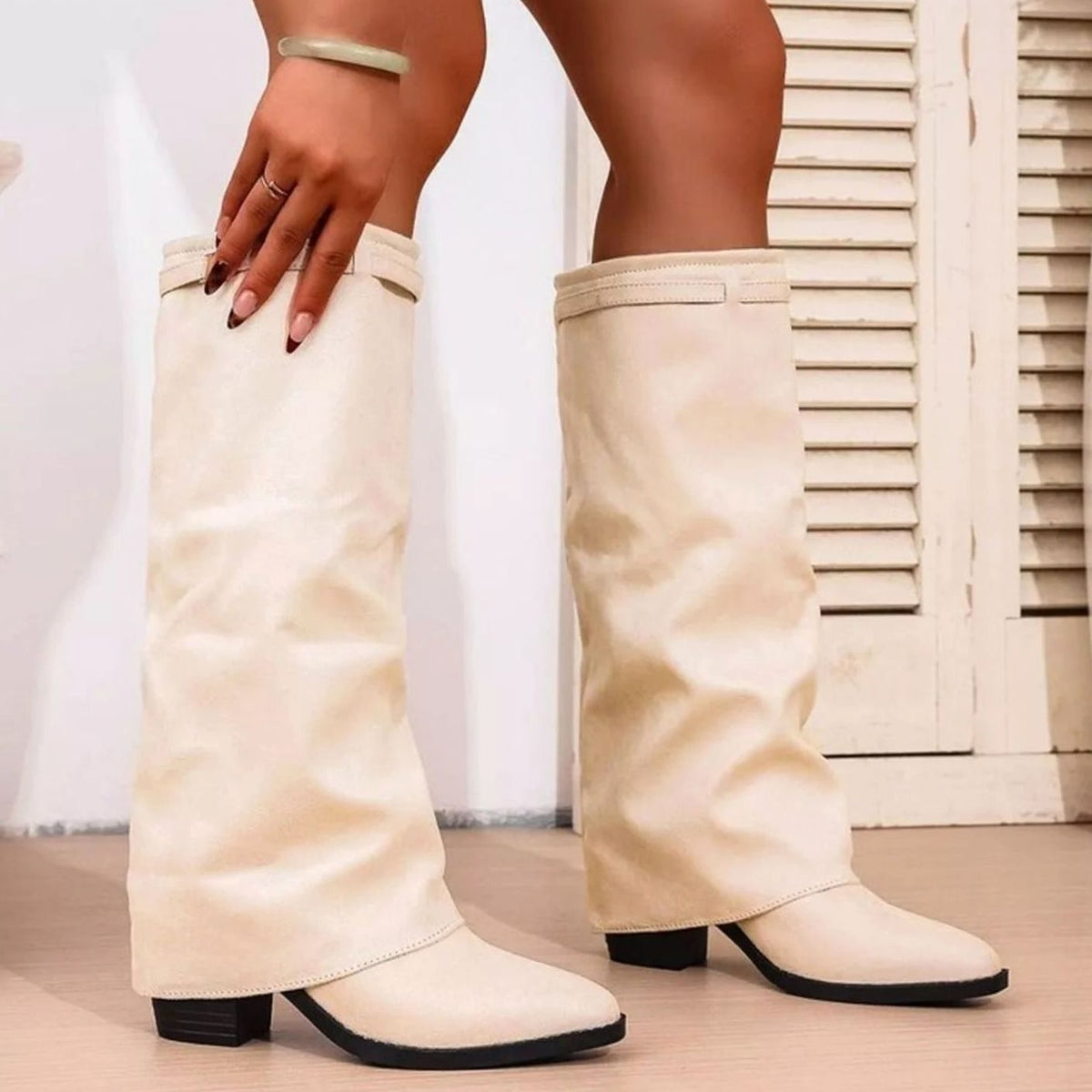 Stylish Wide Calf Boots for Women with Knee High Fold Over Pointy Toe Block Heel Style