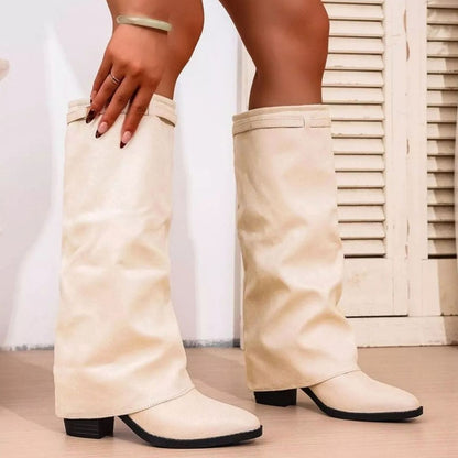 Stylish Wide Calf Boots for Women with Knee High Fold Over Pointy Toe Block Heel Style